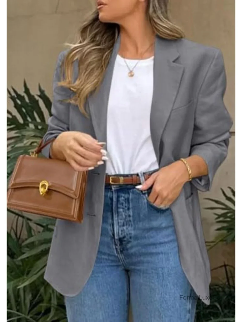 Long Sleeve Lapel Open Front Suit Jacket Work Blazer with Pockets